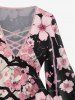 Plum Bossom Flower Branch Print Lattice Crisscross Flare Sleeve T-shirt and Flare Pants Plus Size Matching Set -  