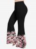 Plum Bossom Flower Branch Print Lattice Crisscross Flare Sleeve T-shirt and Flare Pants Plus Size Matching Set -  