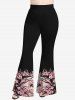 Plum Bossom Flower Branch Print Lattice Crisscross Flare Sleeve T-shirt and Flare Pants Plus Size Matching Set -  