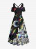 Plus Size Cold Shoulder Colorful Mushroom Castle Planet Butterfly Print Crisscross A Line Maxi Dress -  