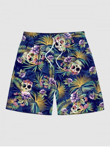 Plus Size Skull Floral Tropical Coconut Leaves Print Hawaii Drawstring Beach Shorts For Men - DEEP BLUE - L