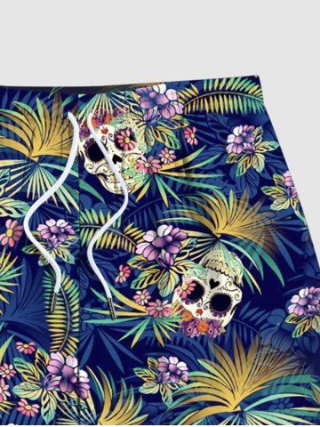 Plus Size Skull Floral Tropical Coconut Leaves Print Hawaii Drawstring Beach Shorts For Men