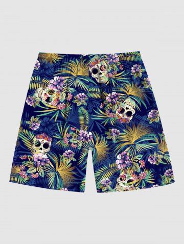 Plus Size Skull Floral Tropical Coconut Leaves Print Hawaii Drawstring Beach Shorts For Men