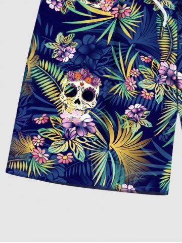 Plus Size Skull Floral Tropical Coconut Leaves Print Hawaii Drawstring Beach Shorts For Men