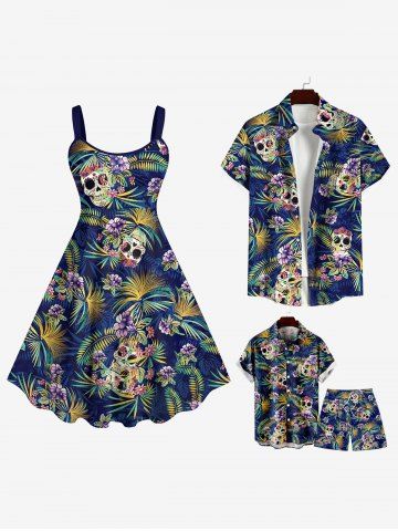 Plus Size Skull Floral Tropical Coconut Leaves Print Hawaii Drawstring Beach Shorts For Men
