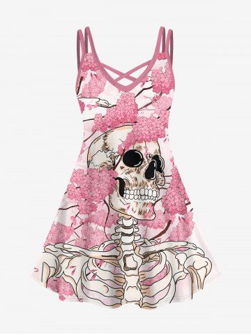 Plus Size Skull Skeleton Flowers Branch Print Crisscross Cami Dress - LIGHT PINK - XS