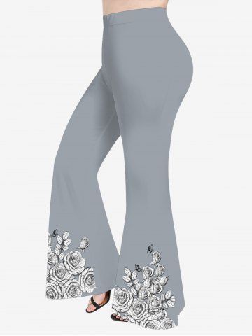 Pantalon Évasé à Imprimé Roses Feuilles et Papillons Grande-Taille - GRAY - L