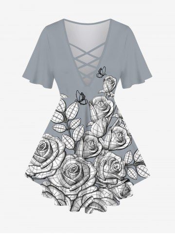 Plus Size Rose Flower Leaf Butterfly Print Crisscross Lattice Flare Sleeve T-shirt - GRAY - XS