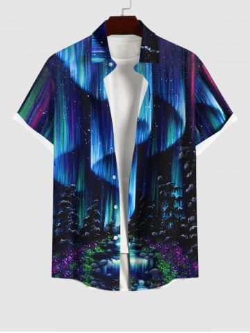 Plus Size Forest Stone Waterfall Galaxy Glitter 3D Print Buttons Pocket Hawaii Shirt For Men - BLACK - 2XL