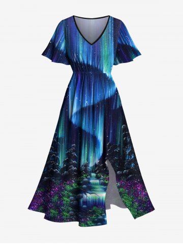 Plus Size Forest Stone Waterfall Galaxy Glitter 3D Print Hawaii Split Midi Dress - BLACK - S