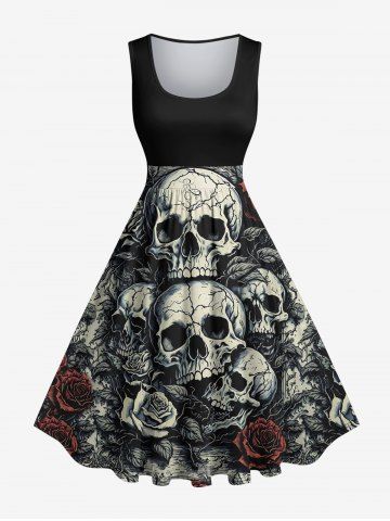 Plus Size Skulls Rose Flower Crack 3D Print 1950s Vintage Dress - BLACK - M