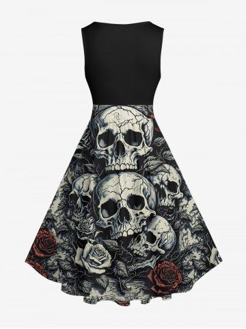Plus Size Skulls Rose Flower Crack 3D Print 1950s Vintage Dress