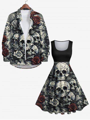 Plus Size Skulls Rose Flower Crack 3D Print 1950s Vintage Dress