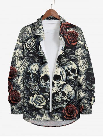 Plus Size Skulls Rose Flower Crack 3D Print Buttons Pocket Shirt For Men - MULTI-A - 6XL