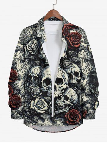 Plus Size Skulls Rose Flower Crack 3D Print Buttons Pocket Shirt For Men - MULTI-A - 8XL