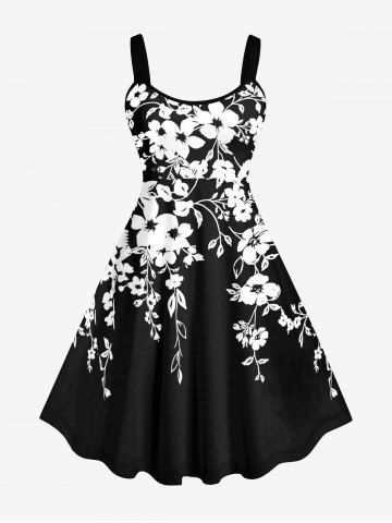 Plus Size Two Tone Flowers Leaf Print Hawaii Tank Dress - BLACK - 1X