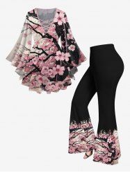 Plum Bossom Flower Branch Print Lattice Crisscross Flare Sleeve T-shirt and Flare Pants Plus Size Matching Set -  