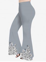 Pantalon Évasé à Imprimé Roses Feuilles et Papillons Grande-Taille - Gris XS