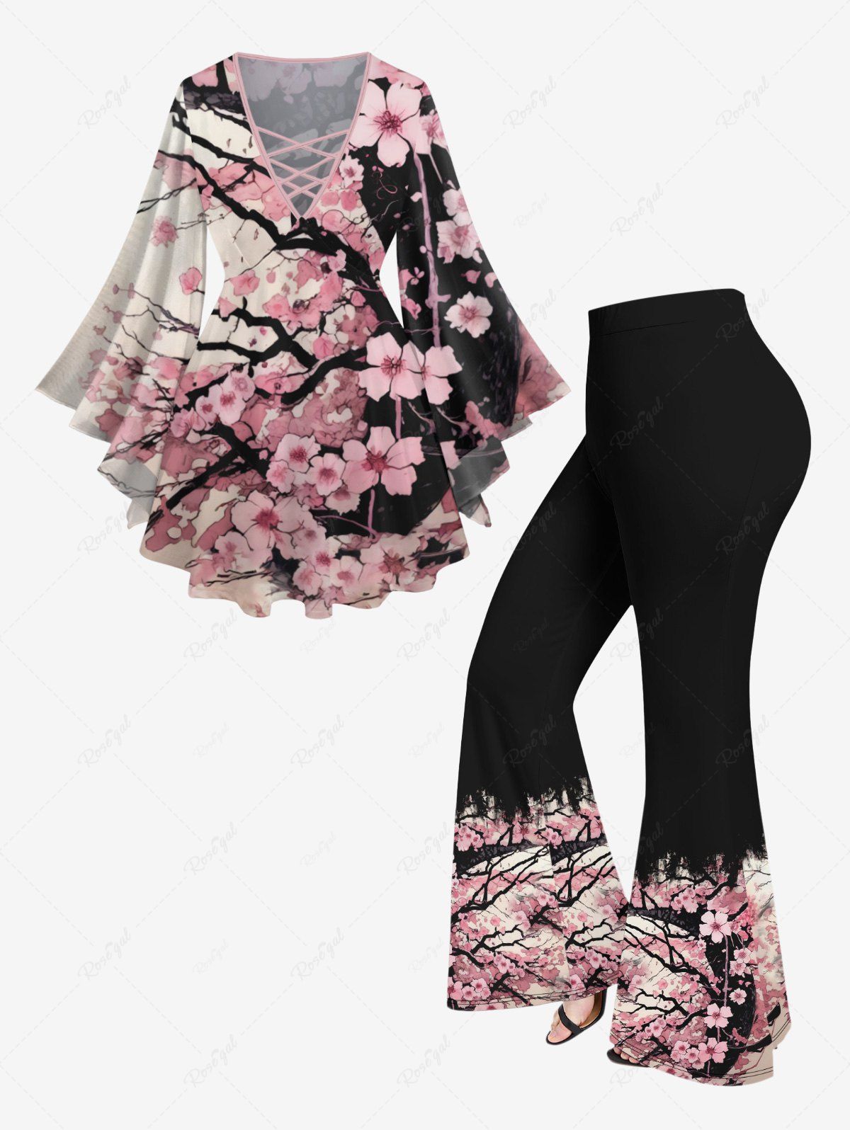 Affordable Plum Bossom Flower Branch Print Lattice Crisscross Flare Sleeve T-shirt and Flare Pants Plus Size Matching Set  