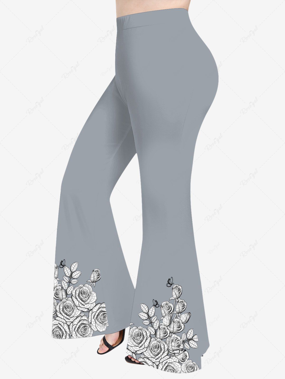 Pantalon Évasé à Imprimé Roses Feuilles et Papillons Grande-Taille Gris 4X