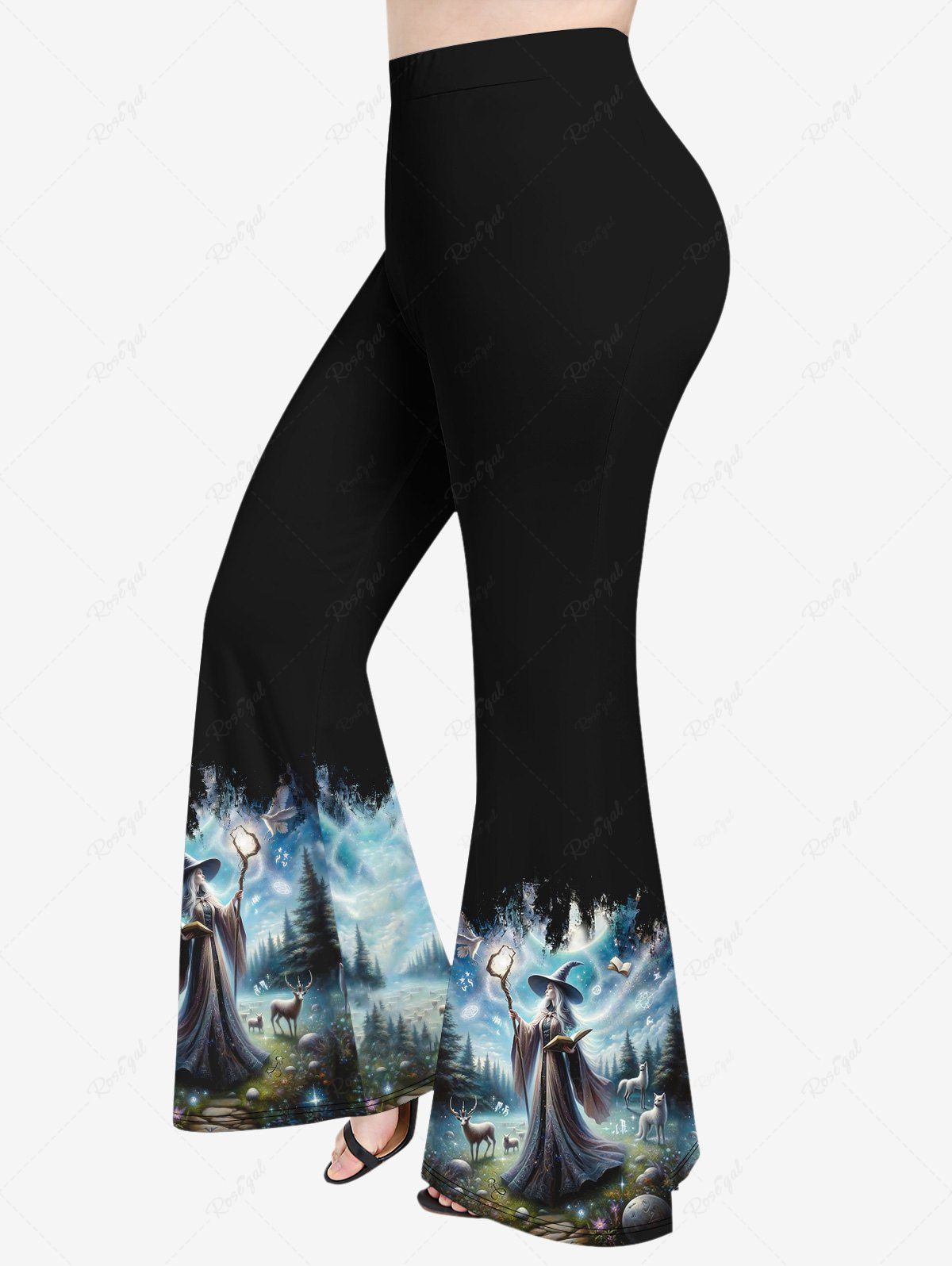 Pantalon Évasé Pigeon-Prairie à Imprimé Ciel Étoilé en Dégradé de Couleurs Grande-Taille Noir 6X