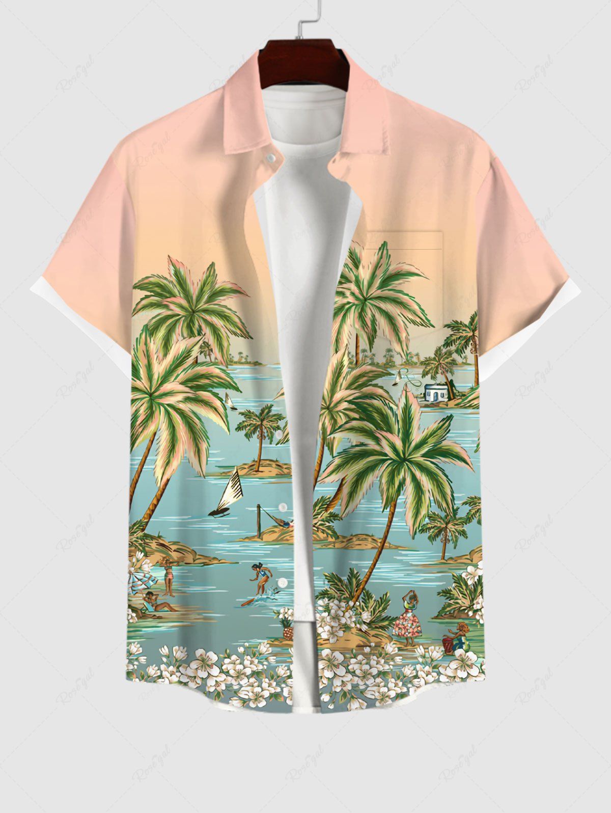 Online Plus Size Coconut Tree Flowers Boat Seascape Print Buttons Pocket Hawaii Shirt For Men  