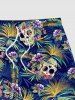 Plus Size Skull Floral Tropical Coconut Leaves Print Hawaii Drawstring Beach Shorts For Men -  