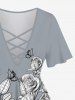 Plus Size Rose Flower Leaf Butterfly Print Crisscross Lattice Flare Sleeve T-shirt -  