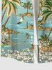 Plus Size Coconut Tree Flowers Boat Seascape Print Buttons Pocket Hawaii Shirt For Men -  