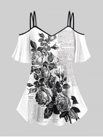 Plus Size Cold Shoulder Rose Flower Leaf Newspapaer Letters Print Cami T-shirt - WHITE - S