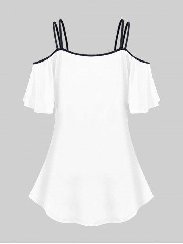 Plus Size Cold Shoulder Rose Flower Leaf Newspapaer Letters Print Cami T-shirt