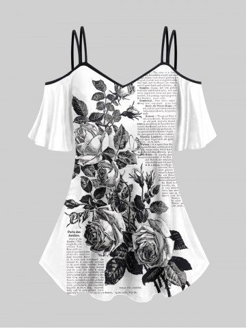Plus Size Cold Shoulder Rose Flower Leaf Newspapaer Letters Print Cami T-shirt - WHITE - 1X