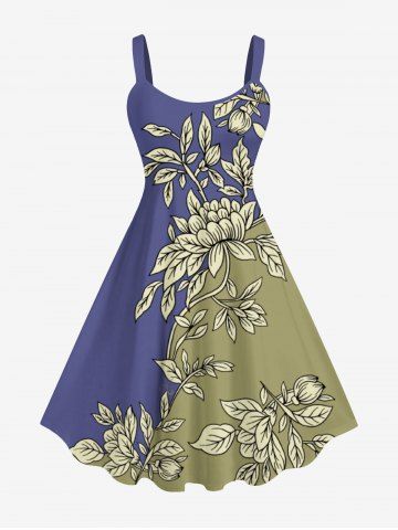 Plus Size Flower Two Tone Colorblock Print A Line Tank Dress - MULTI-A - 2X