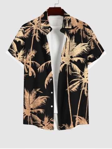 Plus Size Coconut Tree Print Hawaii Button Pocket Shirt For Men - BLACK - 4XL