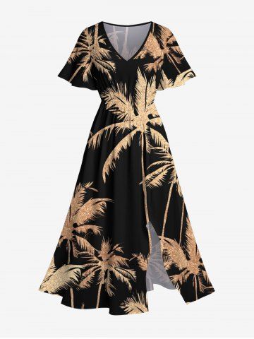 Plus Size Coconut Tree Print Hawaii Split Pocket A Line Midi Dress - BLACK - XS