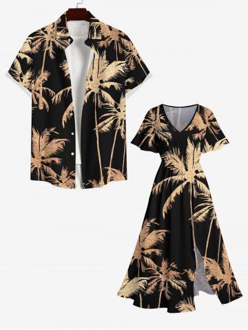 Plus Size Coconut Tree Print Hawaii Split Pocket A Line Midi Dress