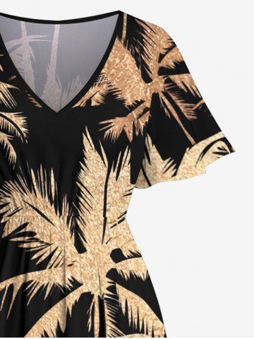 Plus Size Coconut Tree Print Hawaii Split Pocket A Line Midi Dress