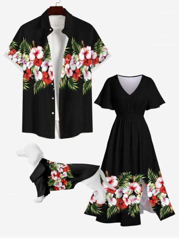 Tropical Leaf Hibiscus Flowers Print Hawaii Dog and Owner Matching Outfits - BLACK