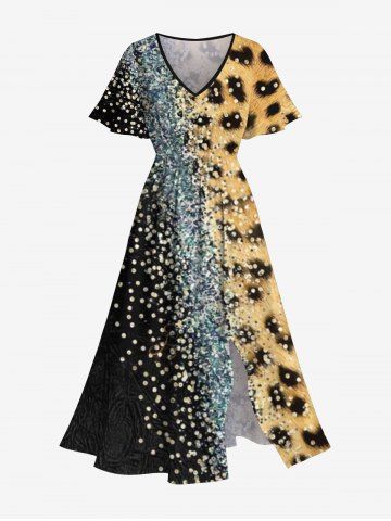 Plus Size Leopard Colorblock Sparkling Sequin 3D Print Split Midi Dress - MULTI-A - L