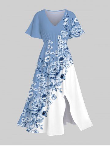 Plus Size Flower Leaf Colorblock Print Hawaii Split Midi Dress - MULTI-A - 6X