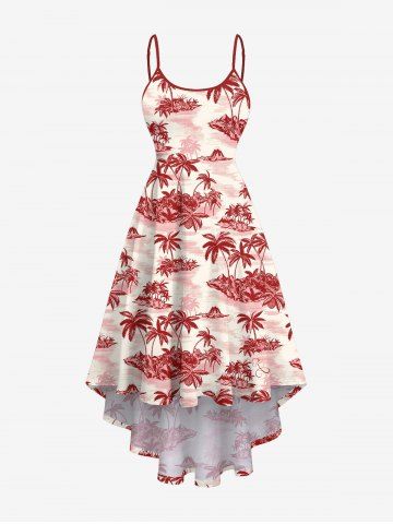 Plus Size Coconut Tree Islands Print Hawaii High Low Asymmetric A Line Cami Dress - RED - L