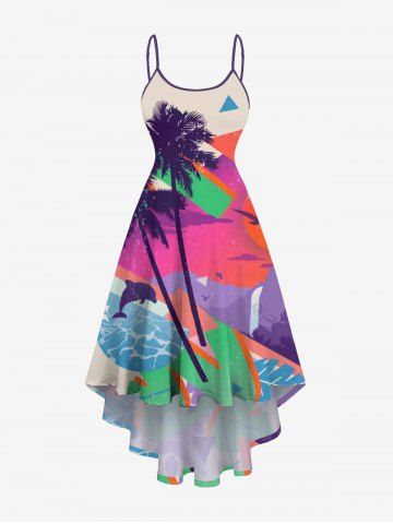 Plus Size Coconut Tree Ombre Sky Sun Dolphin Geometric Beach Print Hawaii High Low Asymmetric Cami Dress - MULTI-A - S