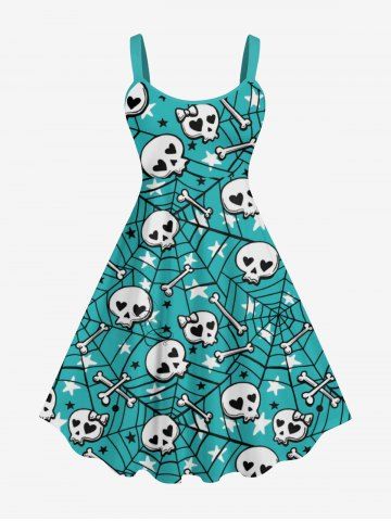 Plus Size Skulls Bone Stars Spider Web Print Halloween A Line Tank Dress - GREEN - S