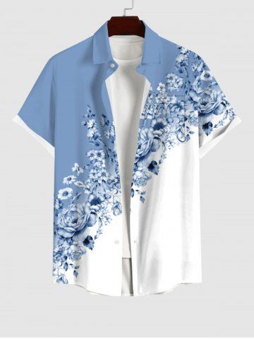 Plus Size Flower Leaf Colorblock Print Buttons Pocket Hawaii Shirt For Men - WHITE - 5X