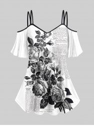 Plus Size Cold Shoulder Rose Flower Leaf Newspapaer Letters Print Cami T-shirt -  
