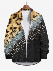 Plus Size Leopard Colorblock Sparkling Sequin 3D Print Buttons Pocket Long Sleeve Shirt For Men -  