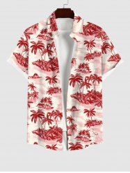 Plus Size Coconut Tree Islands Print Hawaii Button Pocket Shirt For Men -  