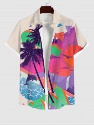 Plus Size Coconut Tree Ombre Sky Sun Dolphin Geometric Beach Print Hawaii Button Pocket Shirt For Men -  