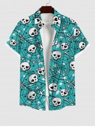 Plus Size Skulls Bone Stars Spider Web Print Halloween Button Pocket Shirt For Men -  