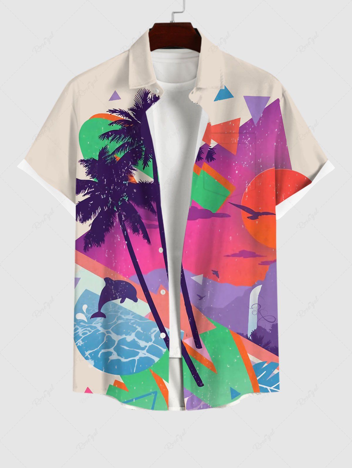 Cheap Plus Size Coconut Tree Ombre Sky Sun Dolphin Geometric Beach Print Hawaii Button Pocket Shirt For Men  